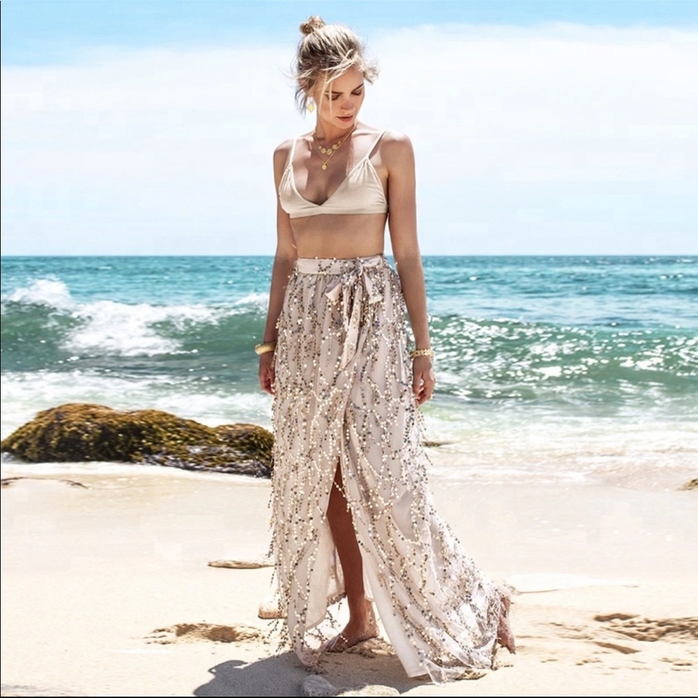NEW* Sequin boho high waist side slit maxi skirt